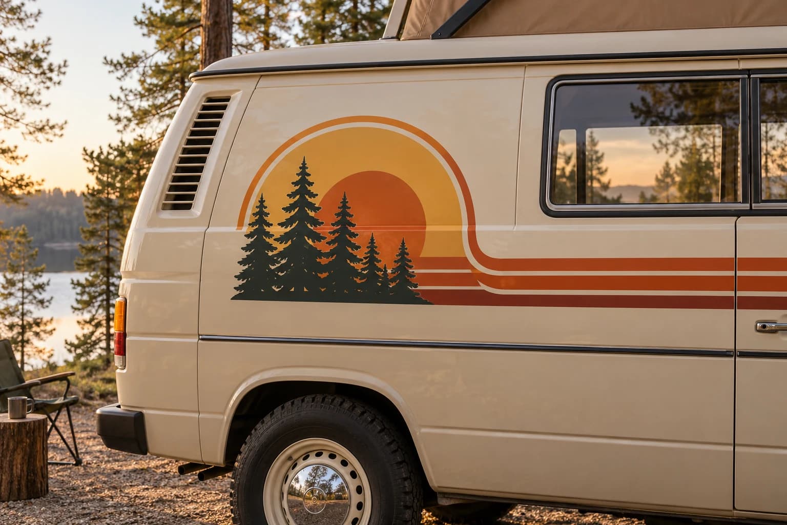 Retro-Campingmotiv mit Sonnenuntergang, Bäumen und farbigen Streifen auf einem Camper