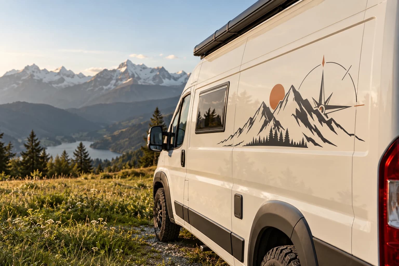 Berg- und Kompassmotiv aus Folie auf einem Camper in den Alpen