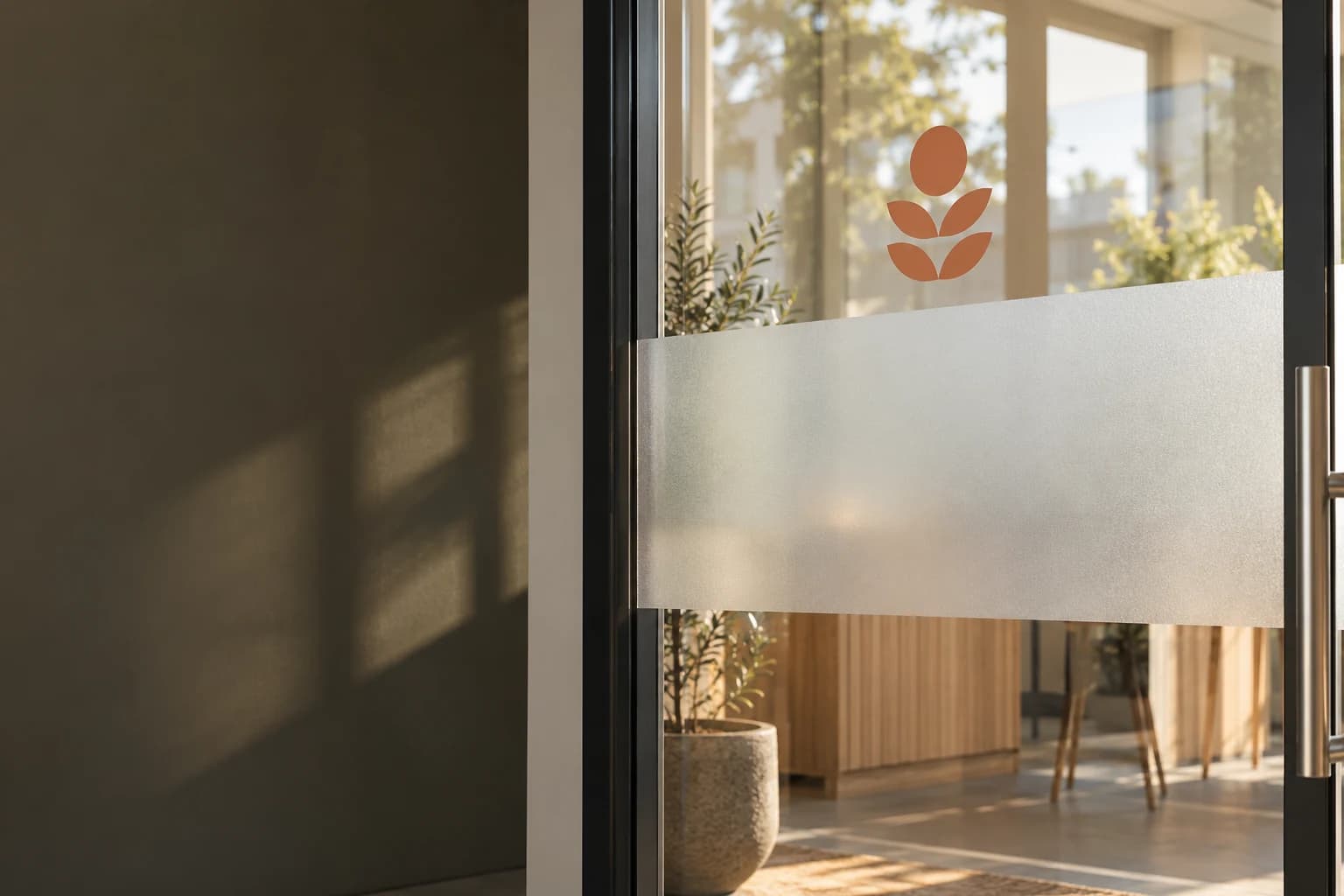 Glasfront mit transparenter Sichtschutzfolie und einem aufgeklebten Motiv