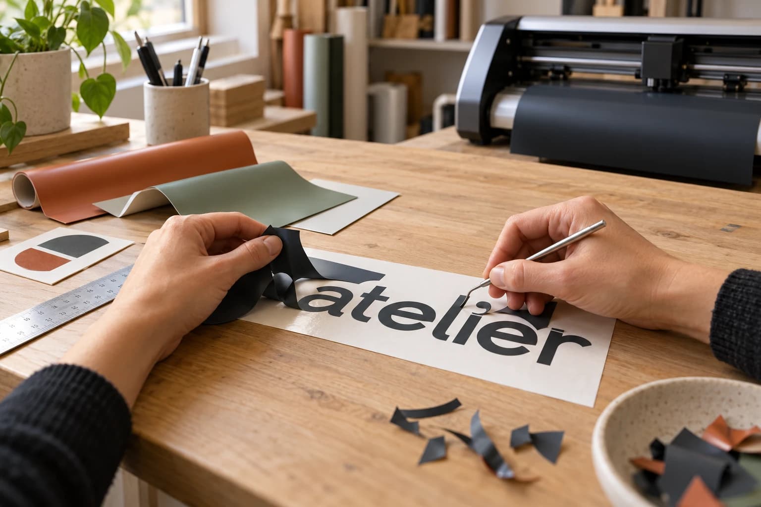 Hände bearbeiten eine individuelle Klebeschrift neben Folienmustern und einem Schneideplotter